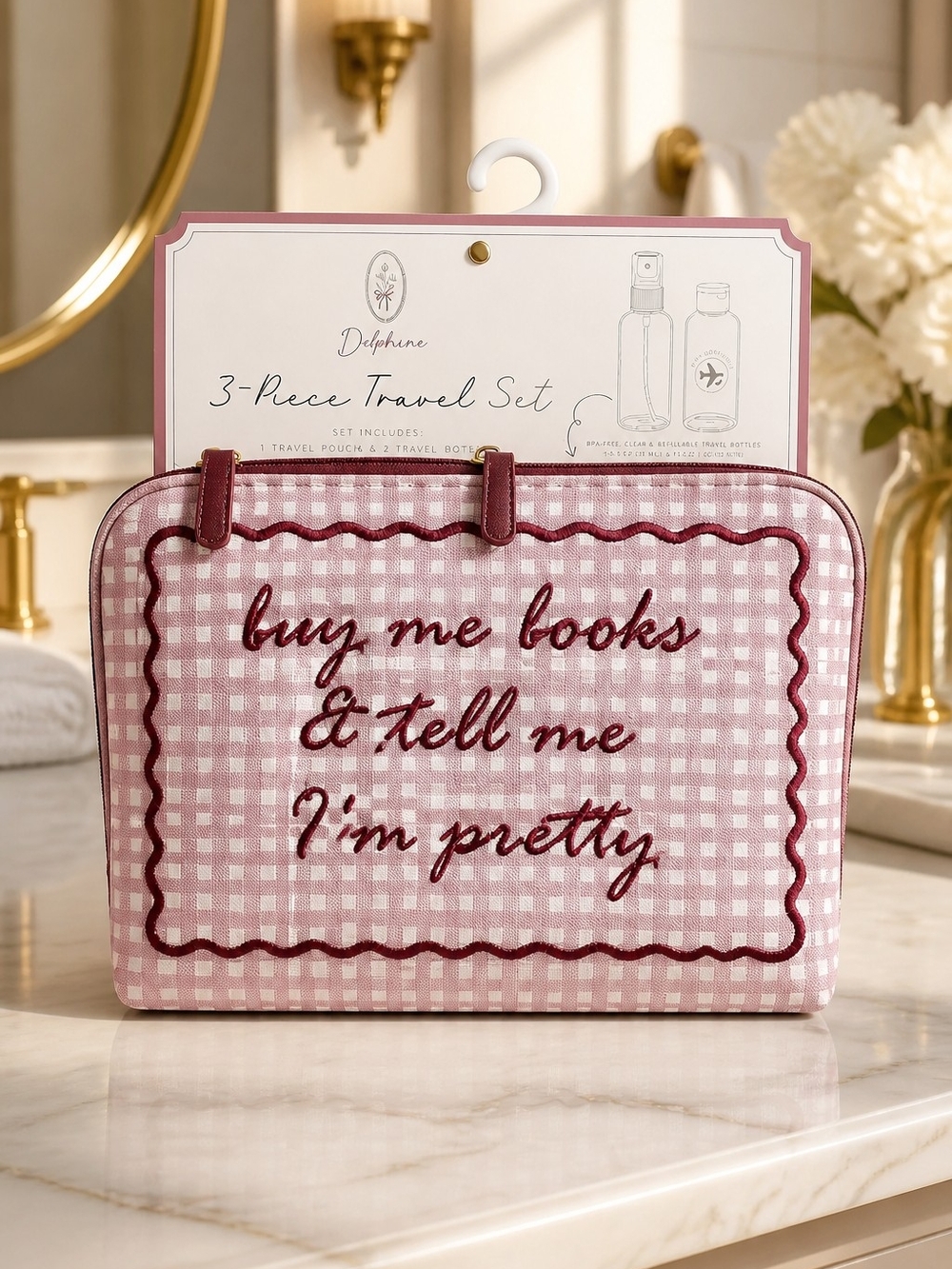 Pink Gingham Travel Pouch - 'buy me books & tell me I'm pretty'
